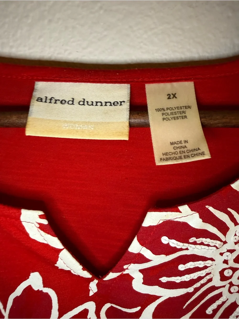 Alfred Dunner Red Short Sleeve Tee with White Floral Print